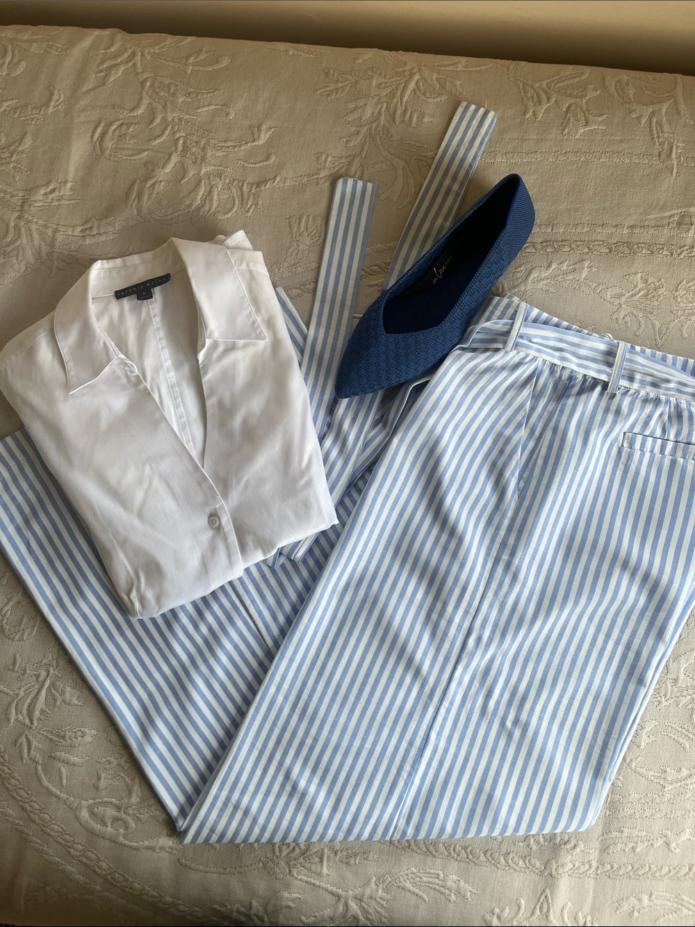 Skyler + Madison Blue & White Stripe Wide Leg Slacks Cotton Blend Zip Front Sz L